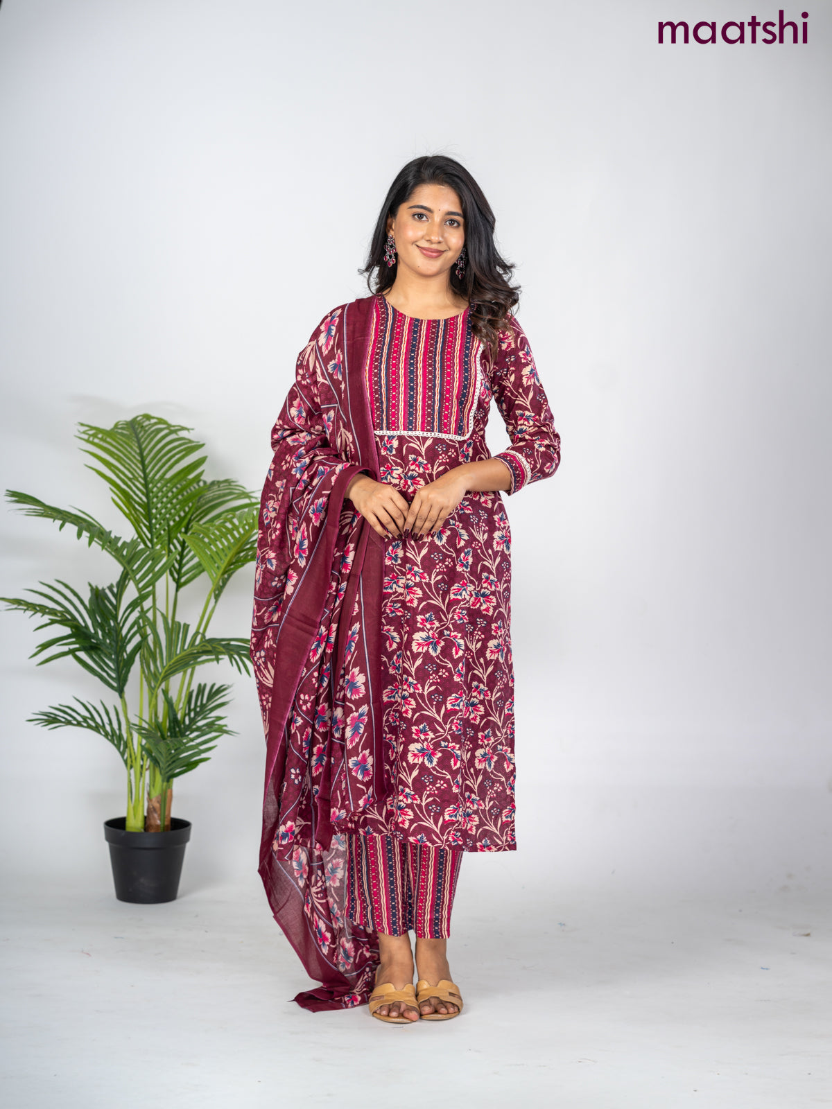 Semi cotton salwar suit maroon with allover floral prints & lace work neck pattern and straight cut pant & dupatta