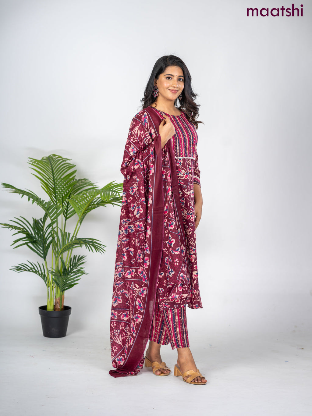 Semi cotton salwar suit maroon with allover floral prints & lace work neck pattern and straight cut pant & dupatta