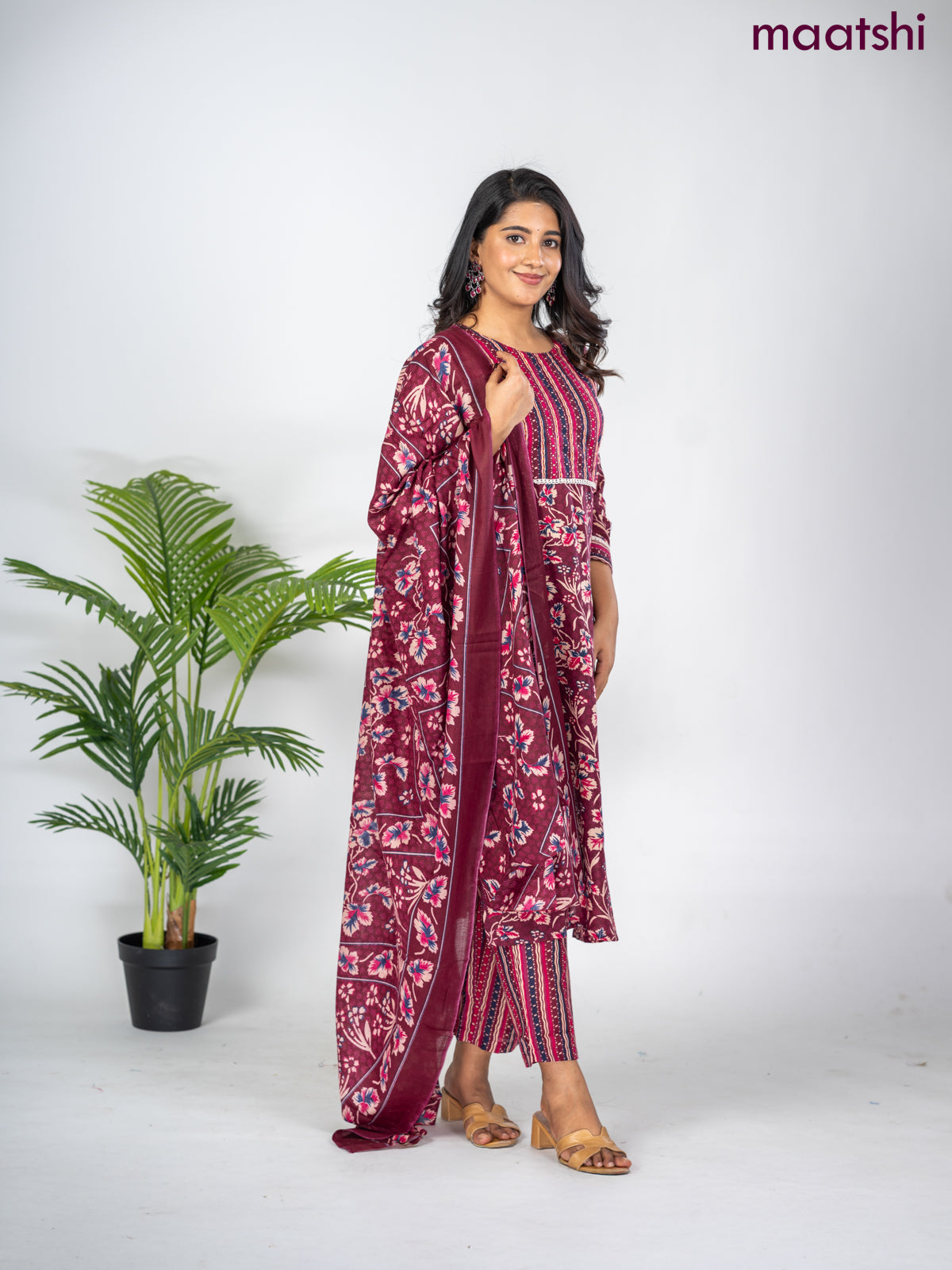 Semi cotton salwar suit maroon with allover floral prints & lace work neck pattern and straight cut pant & dupatta