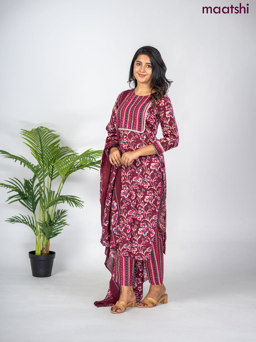 Semi cotton salwar suit maroon with allover floral prints & lace work neck pattern and straight cut pant & dupatta