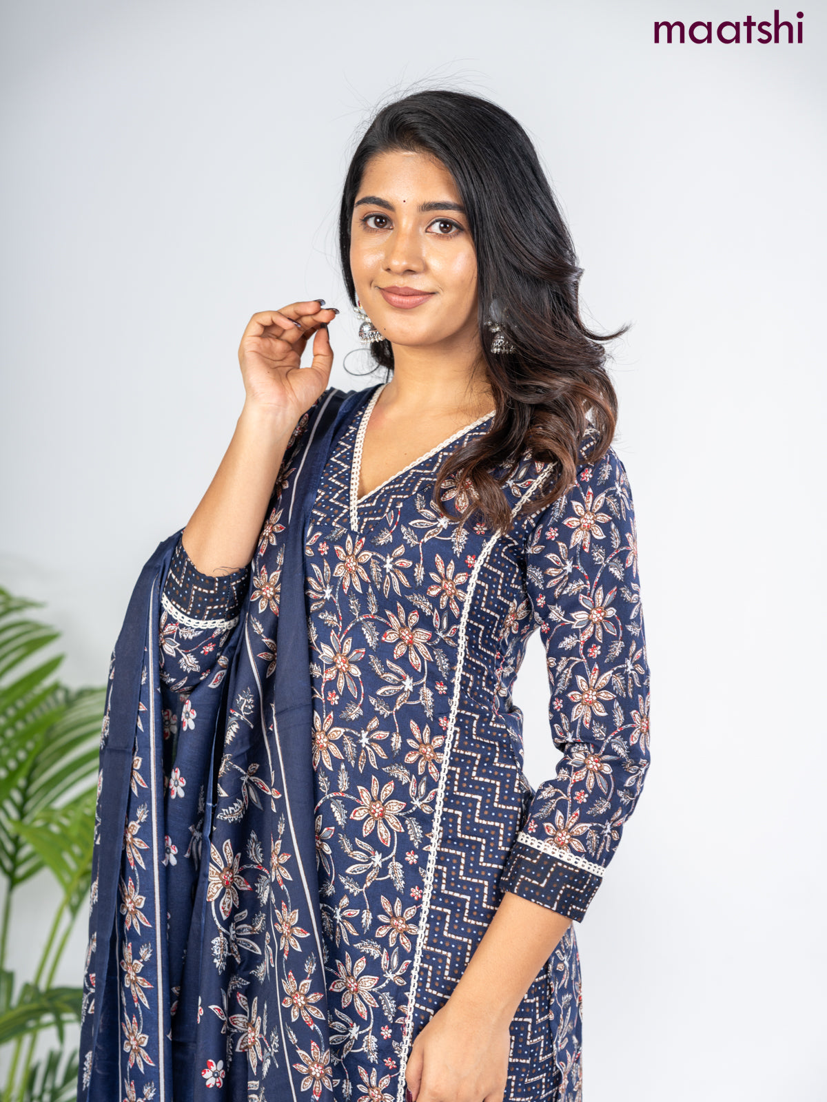 Semi cotton salwar suit navy blue with allover floral prints & lace work neck pattern and straight cut pant & dupatta