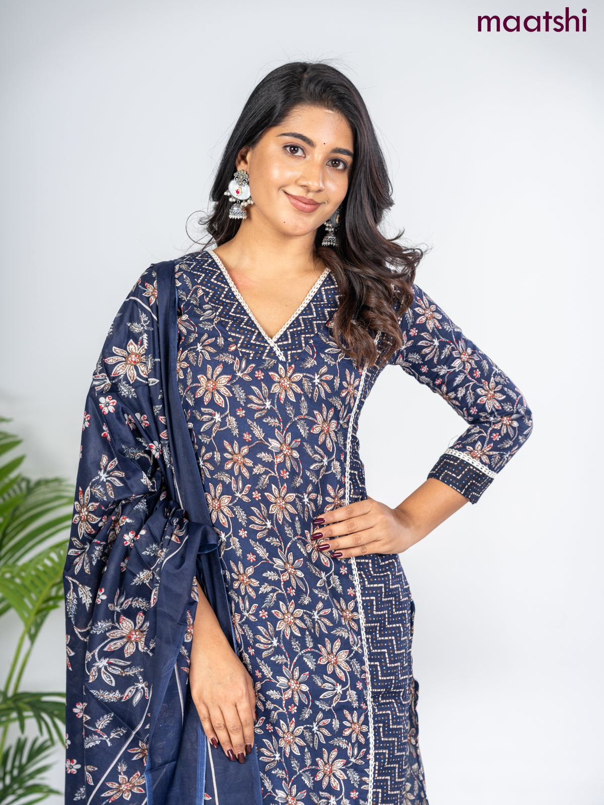 Semi cotton salwar suit navy blue with allover floral prints & lace work neck pattern and straight cut pant & dupatta