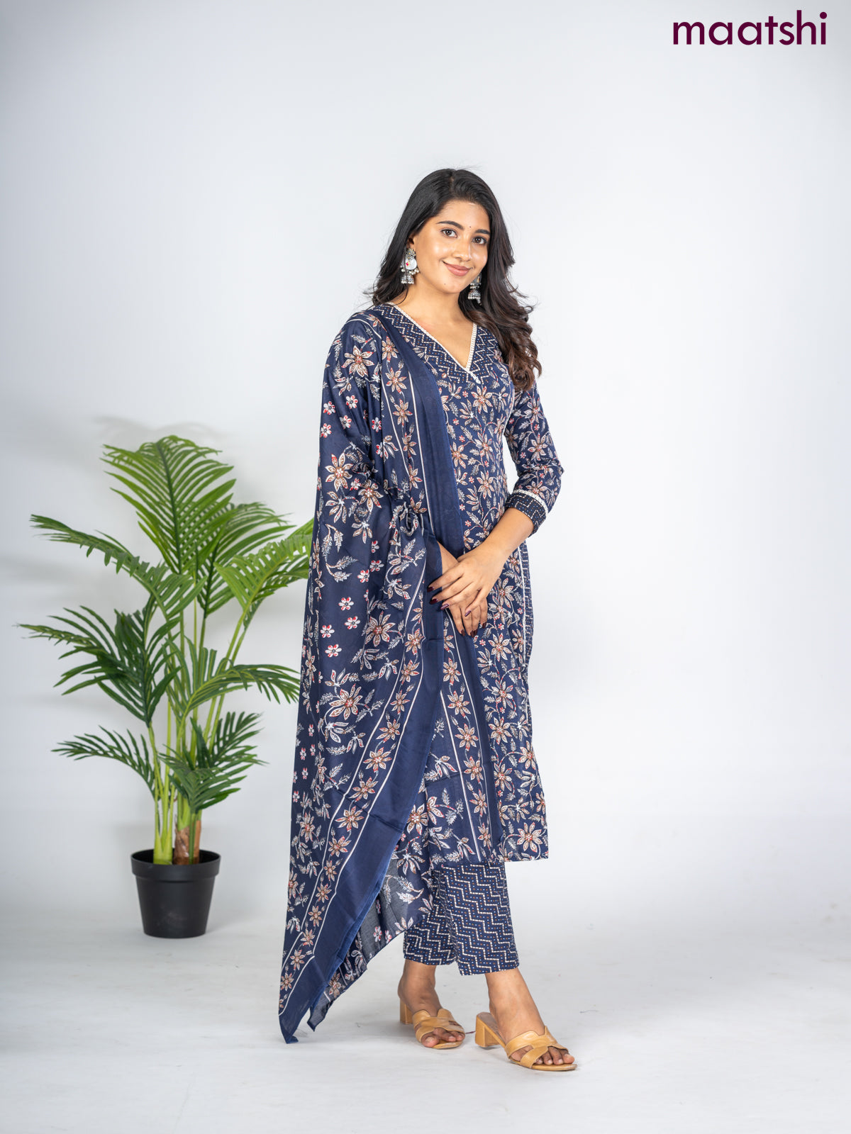 Semi cotton salwar suit navy blue with allover floral prints & lace work neck pattern and straight cut pant & dupatta