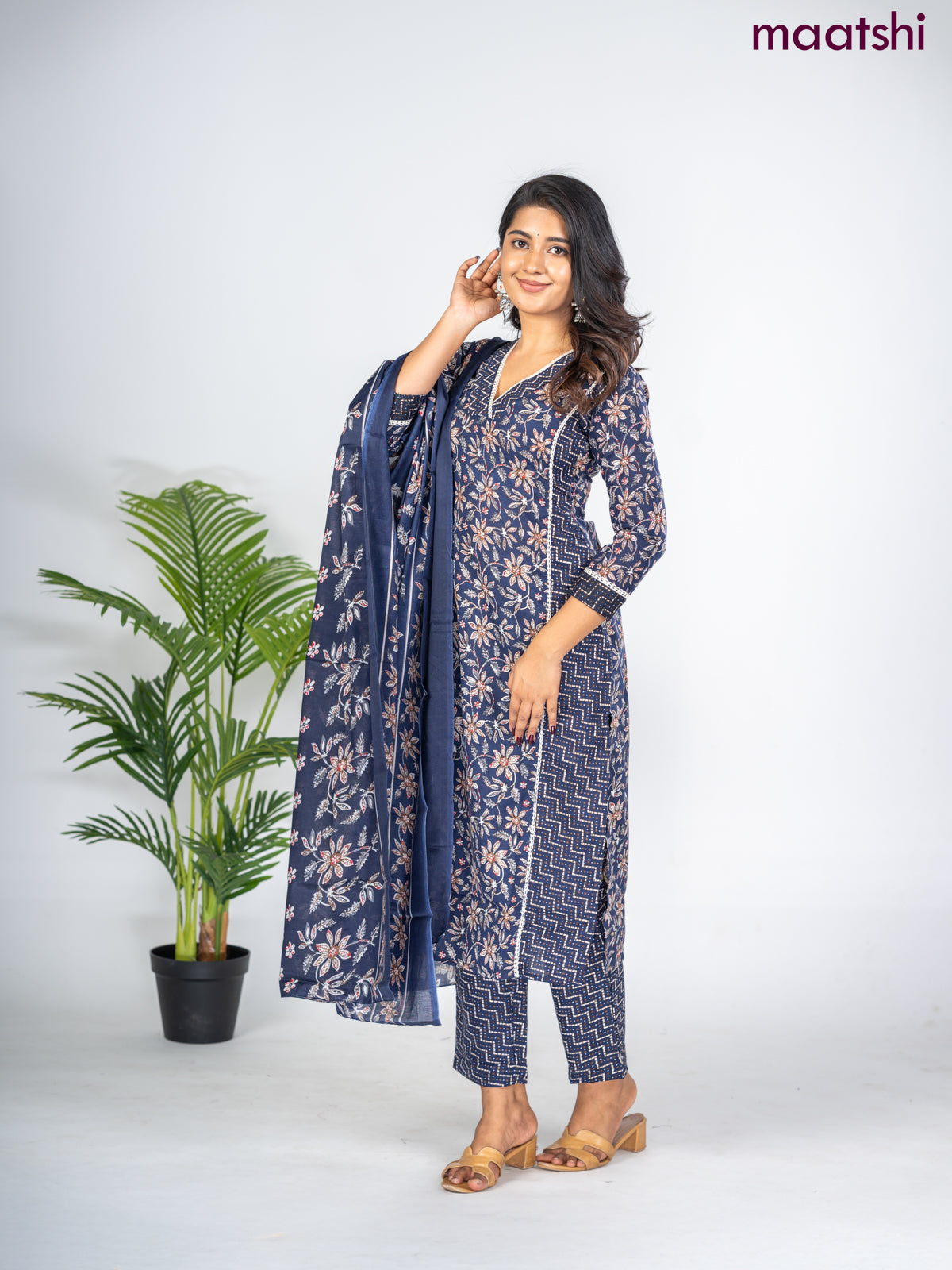 Semi cotton salwar suit navy blue with allover floral prints & lace work neck pattern and straight cut pant & dupatta