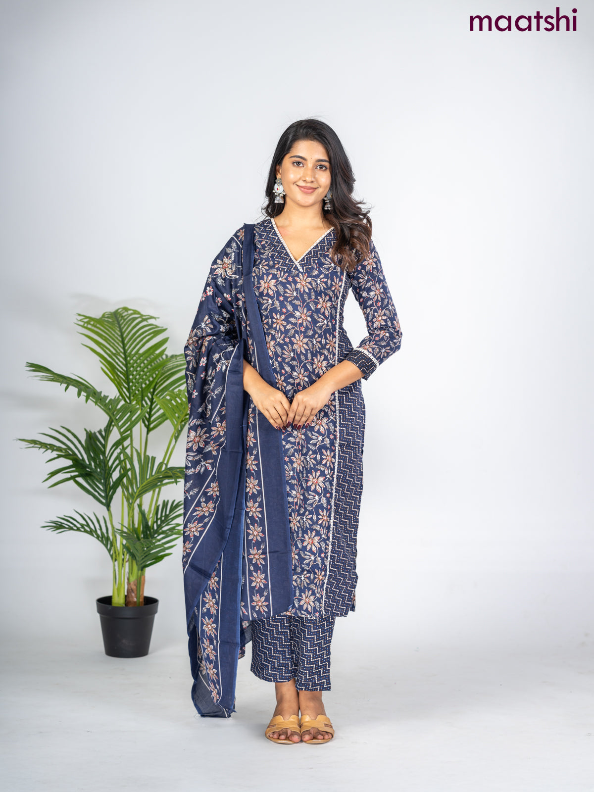 Semi cotton salwar suit navy blue with allover floral prints & lace work neck pattern and straight cut pant & dupatta