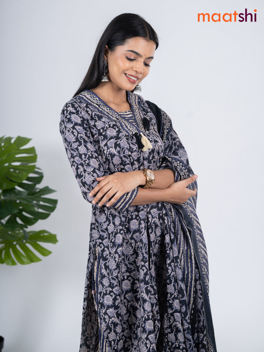 Semi cotton salwar suit black and blue with allover floral prints & embroidery work neck pattern and straight cut pant & dupatta