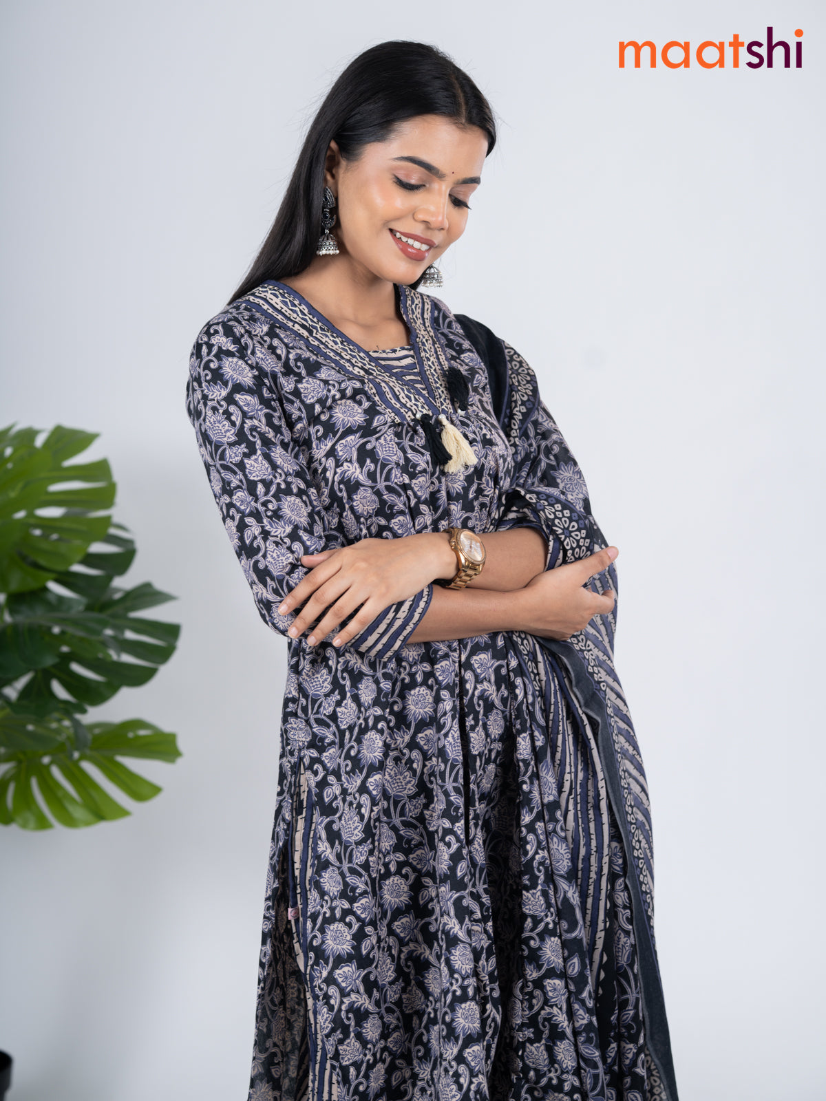 Semi cotton salwar suit black and blue with allover floral prints & embroidery work neck pattern and straight cut pant & dupatta