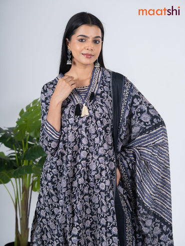 Semi cotton salwar suit black and blue with allover floral prints & embroidery work neck pattern and straight cut pant & dupatta