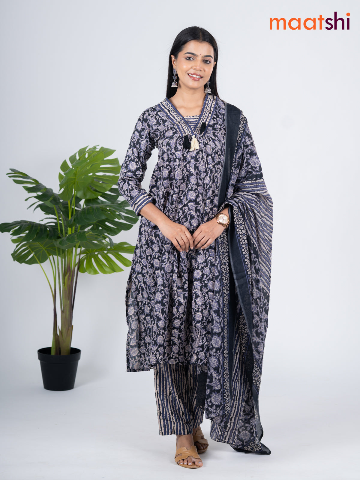 Semi cotton salwar suit black and blue with allover floral prints & embroidery work neck pattern and straight cut pant & dupatta