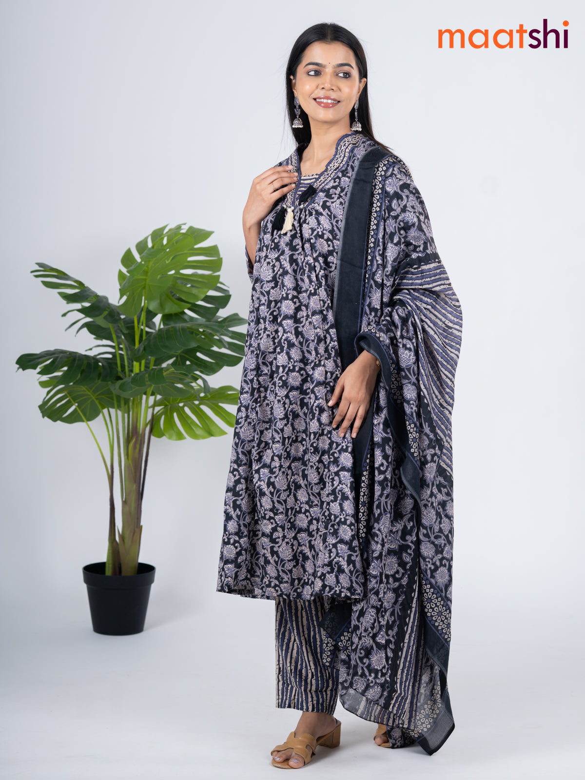 Semi cotton salwar suit black and blue with allover floral prints & embroidery work neck pattern and straight cut pant & dupatta