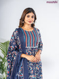 Semi cotton salwar suit navy blue with allover floral prints & lace work neck pattern and straight cut pant & dupatta