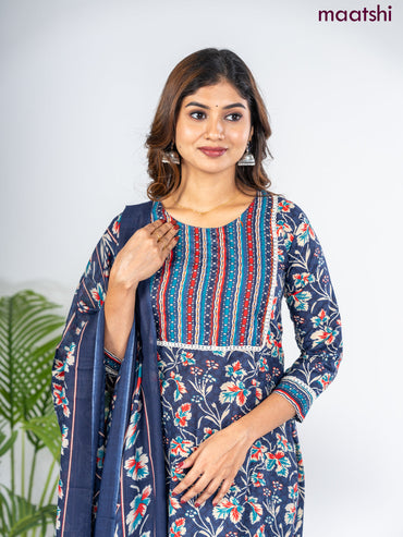 Semi cotton salwar suit navy blue with allover floral prints & lace work neck pattern and straight cut pant & dupatta
