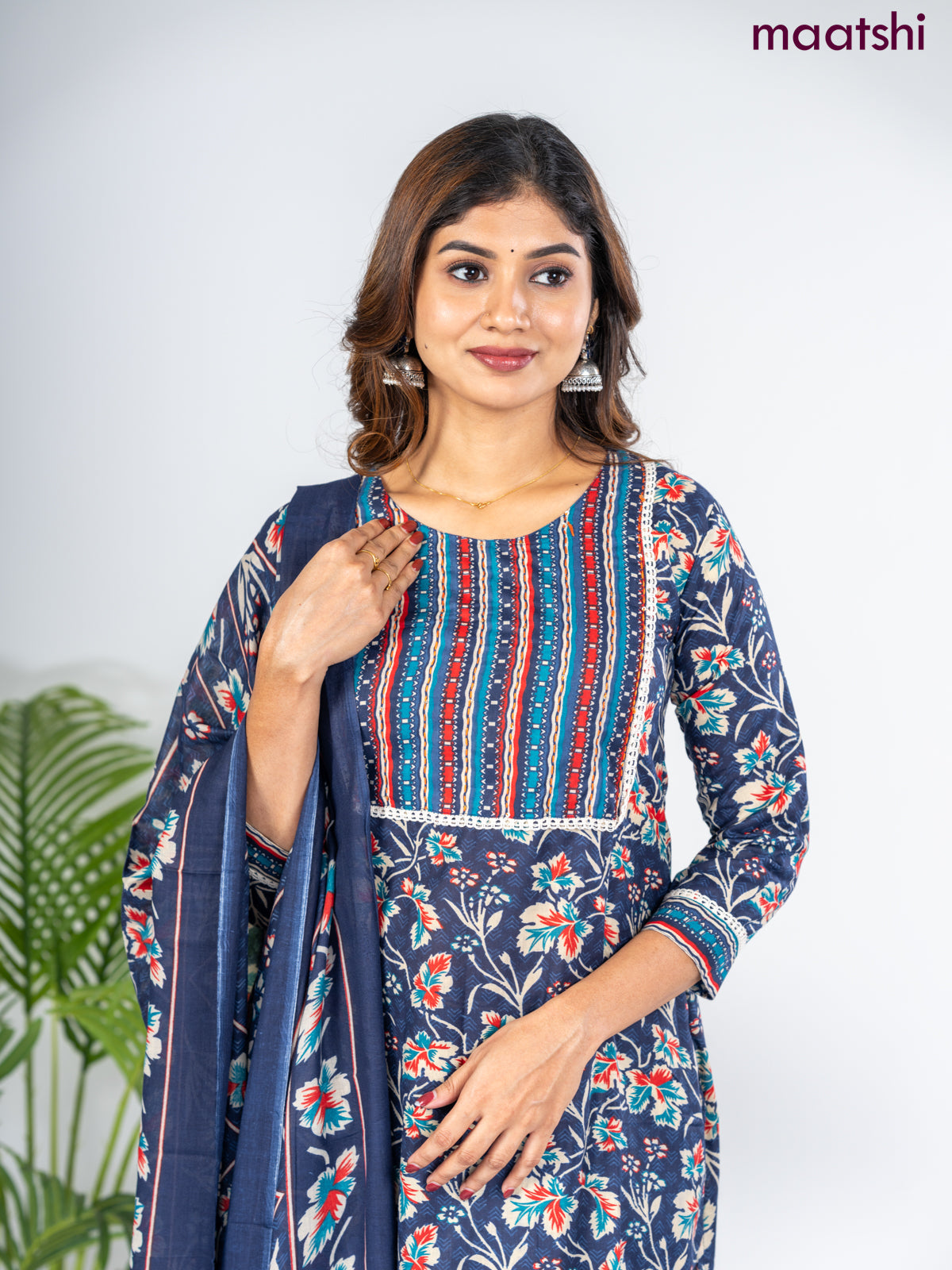 Semi cotton salwar suit navy blue with allover floral prints & lace work neck pattern and straight cut pant & dupatta