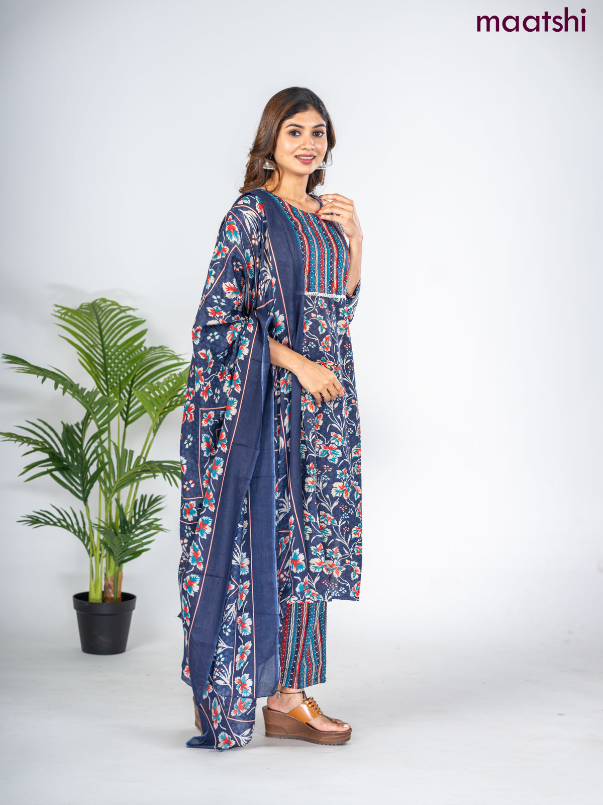 Semi cotton salwar suit navy blue with allover floral prints & lace work neck pattern and straight cut pant & dupatta