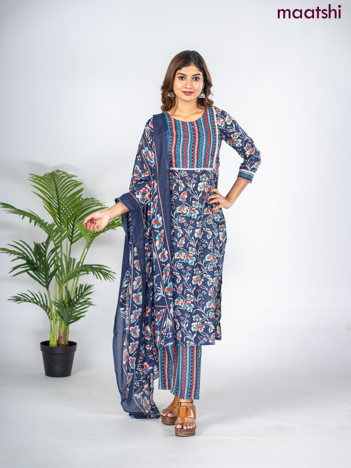 Semi cotton salwar suit navy blue with allover floral prints & lace work neck pattern and straight cut pant & dupatta