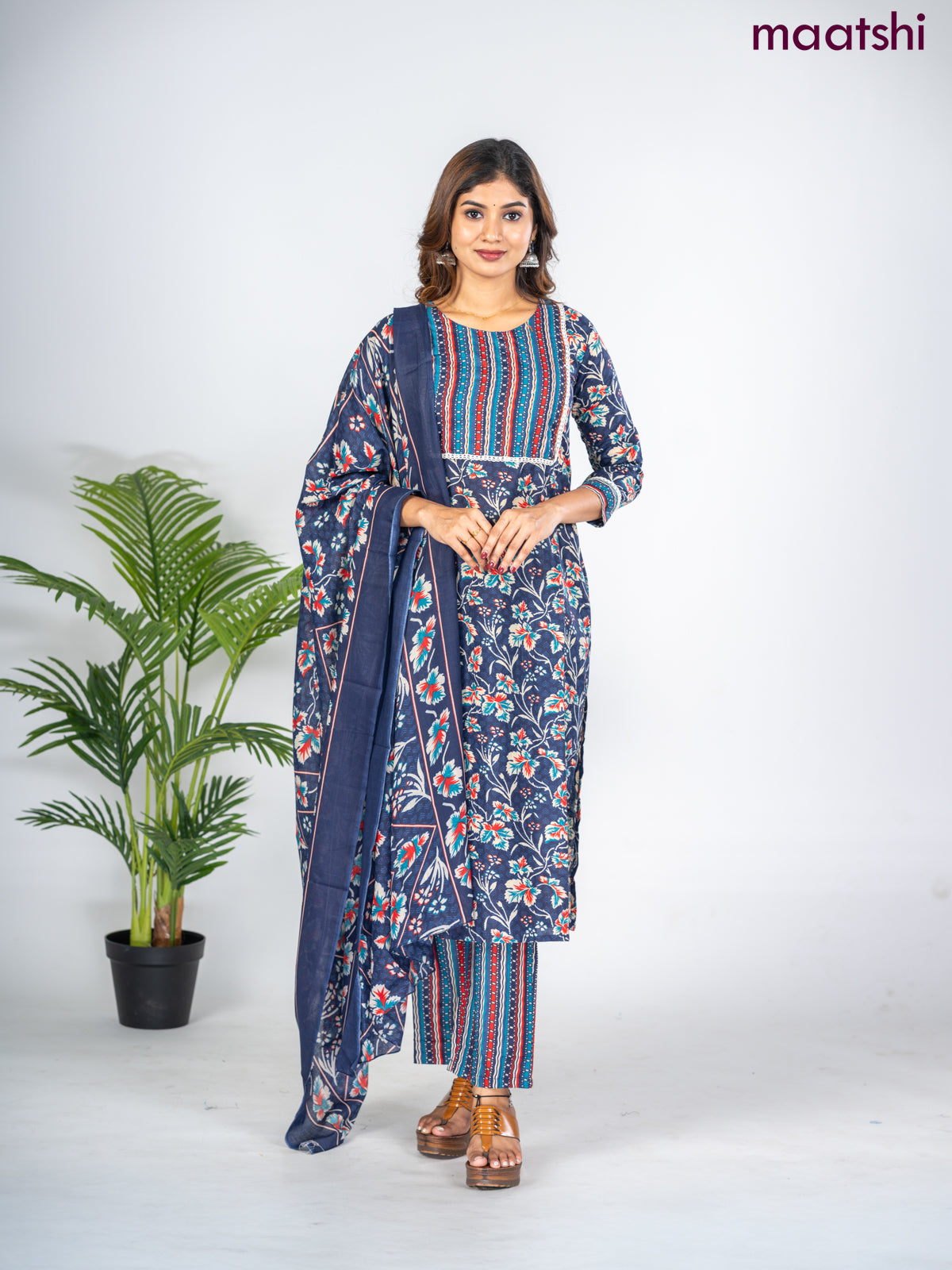 Semi cotton salwar suit navy blue with allover floral prints & lace work neck pattern and straight cut pant & dupatta