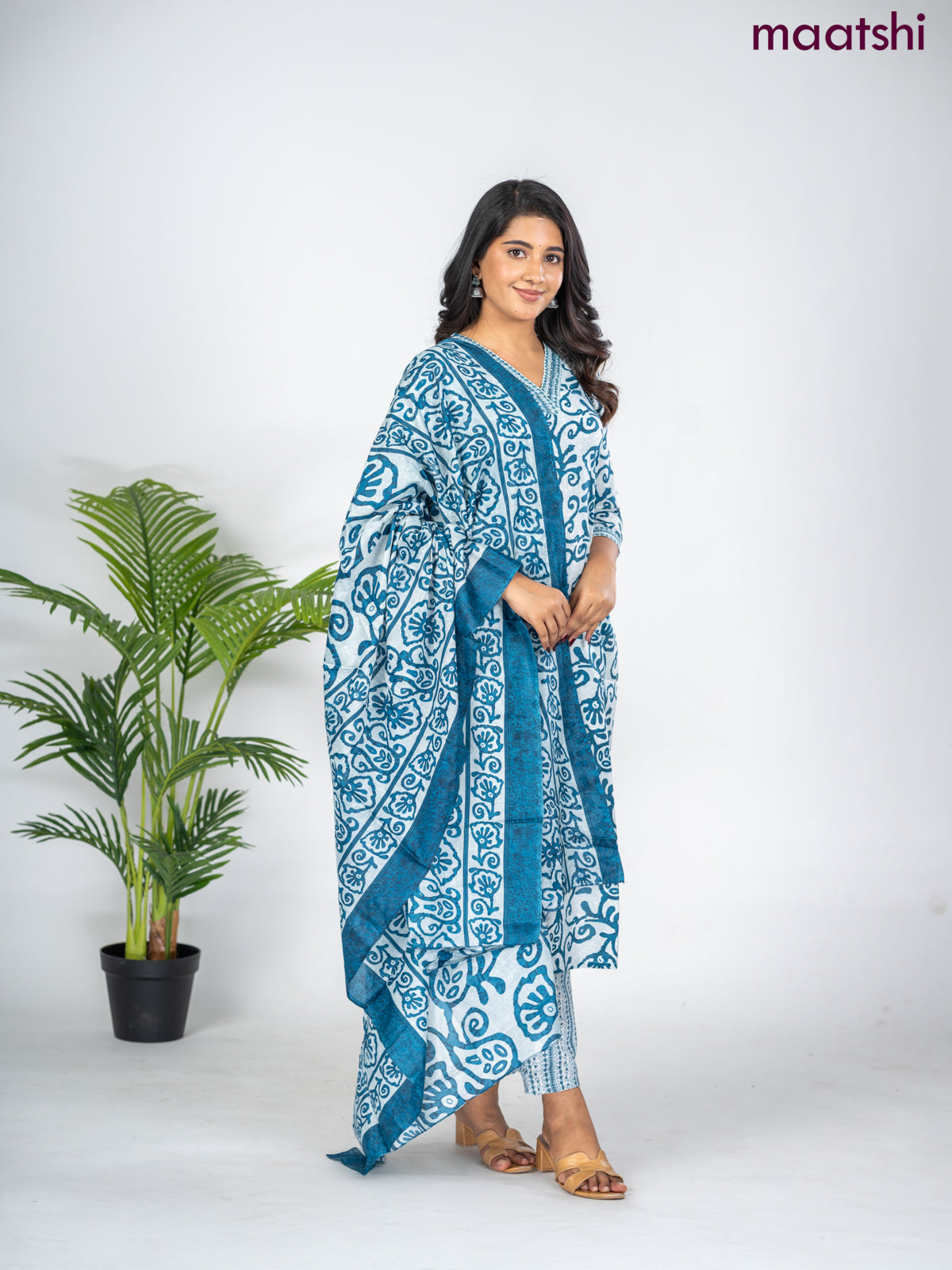 Semi cotton salwar suit grey and peacock blue with allover batik prints & sequin beaded work v neck pattern and straight cut pant & dupatta