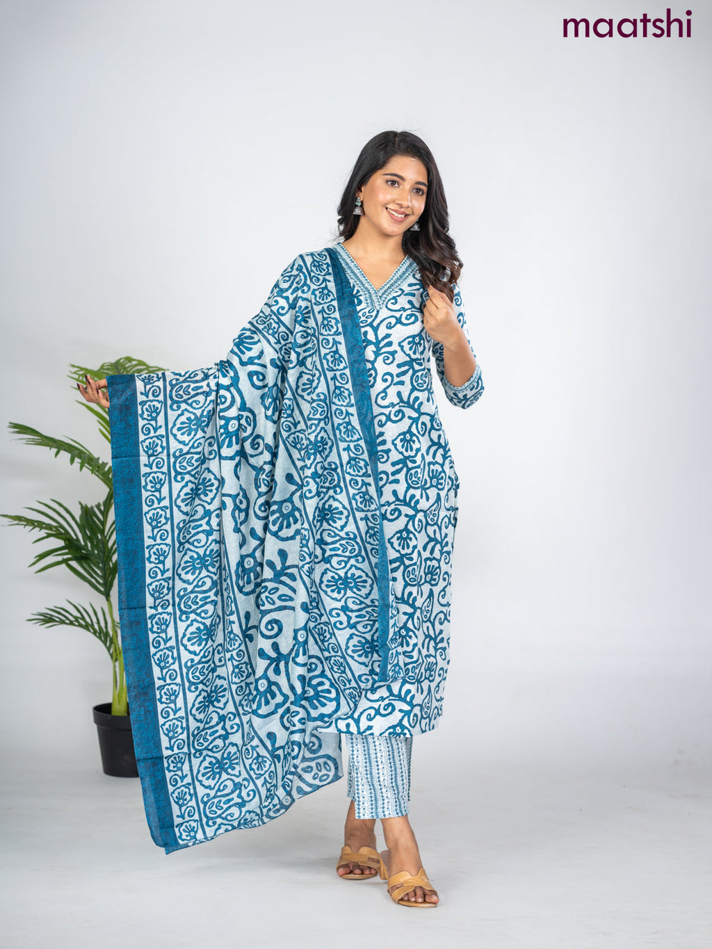 Semi cotton salwar suit grey and peacock blue with allover batik prints & sequin beaded work v neck pattern and straight cut pant & dupatta