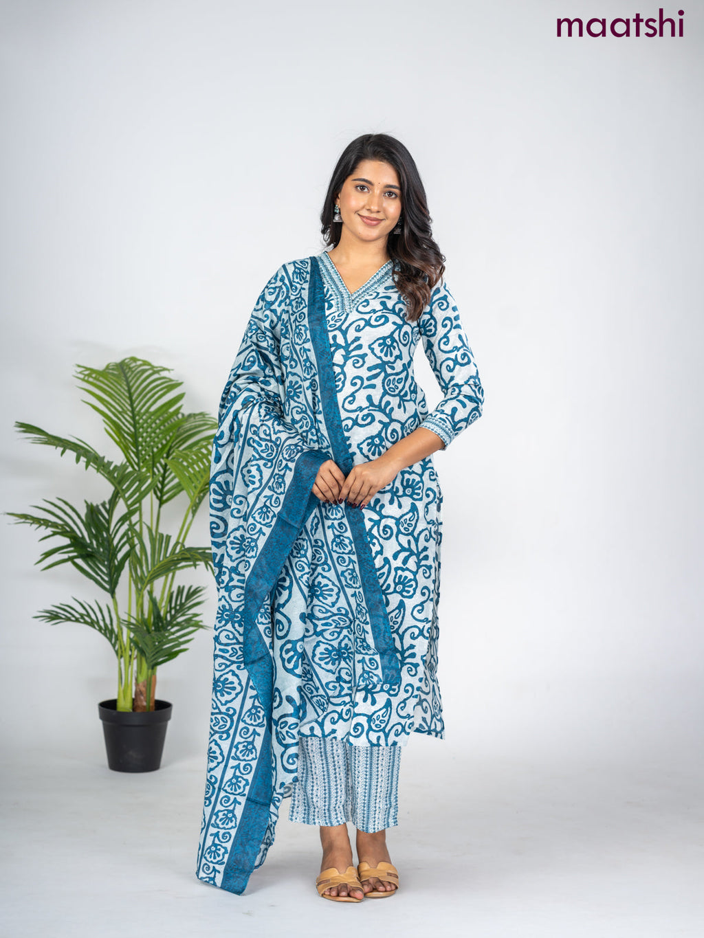 Semi cotton salwar suit grey and peacock blue with allover batik prints & sequin beaded work v neck pattern and straight cut pant & dupatta