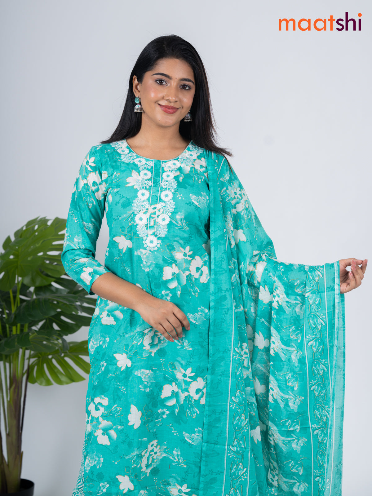 Semi cotton salwar suit teal green shade and off white with allover floral prints & embroidery work neck pattern and straight cut pant & dupatta