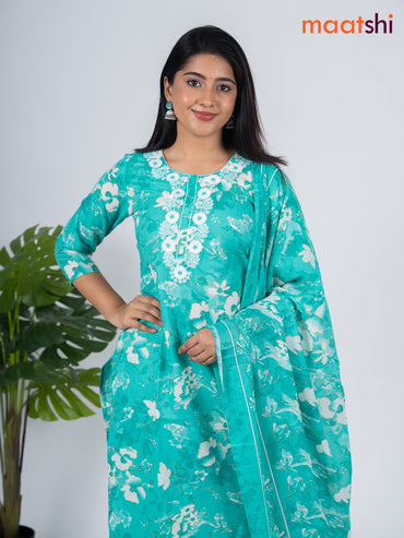 Semi cotton salwar suit teal green shade and off white with allover floral prints & embroidery work neck pattern and straight cut pant & dupatta