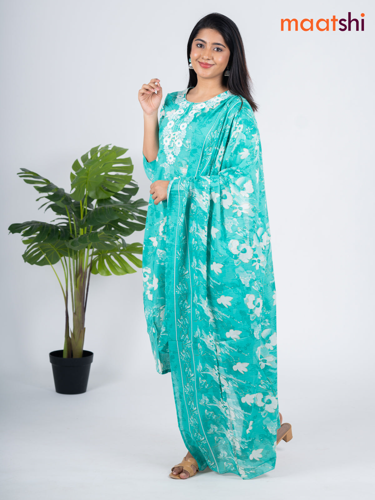 Semi cotton salwar suit teal green shade and off white with allover floral prints & embroidery work neck pattern and straight cut pant & dupatta