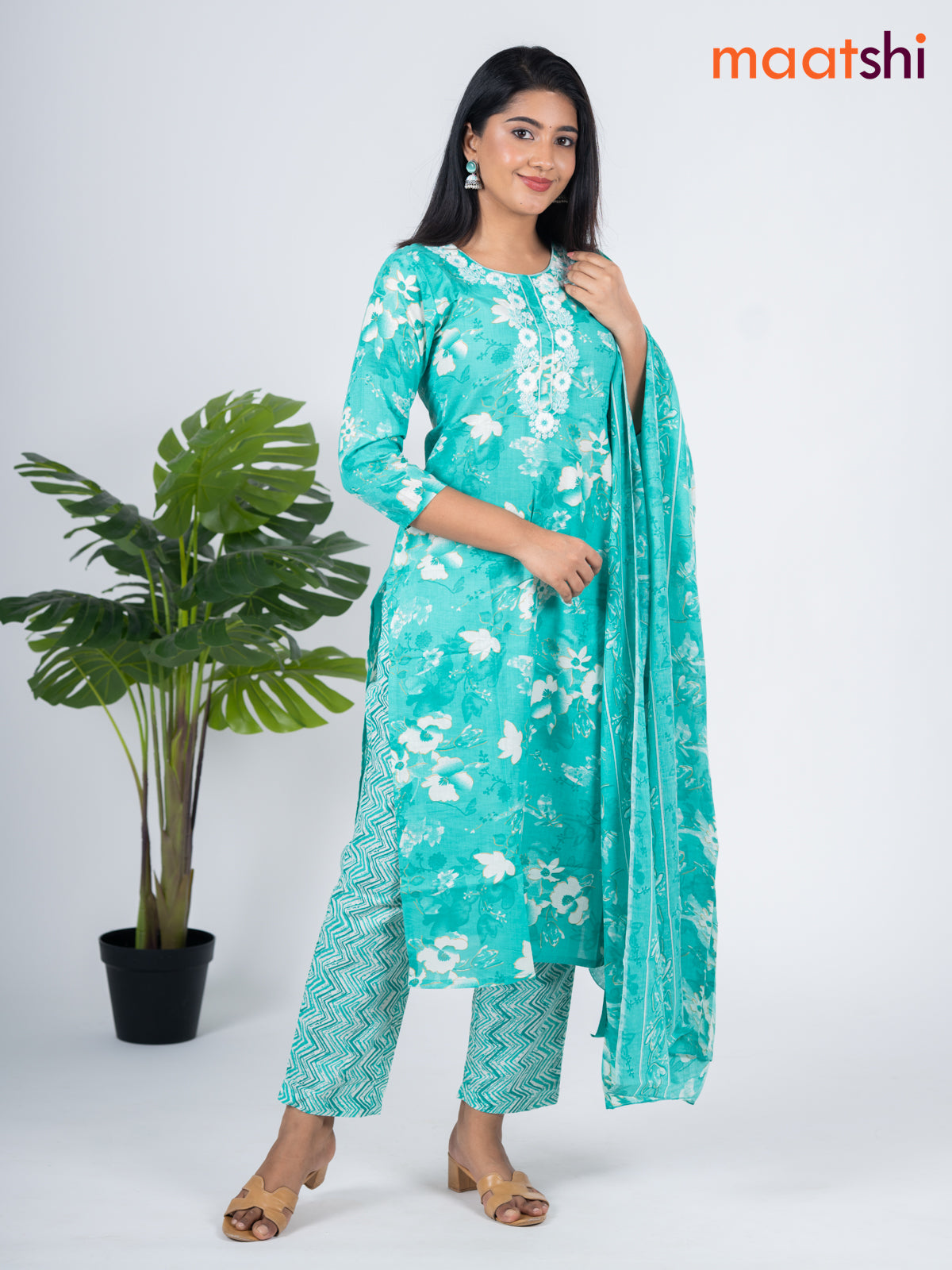 Semi cotton salwar suit teal green shade and off white with allover floral prints & embroidery work neck pattern and straight cut pant & dupatta