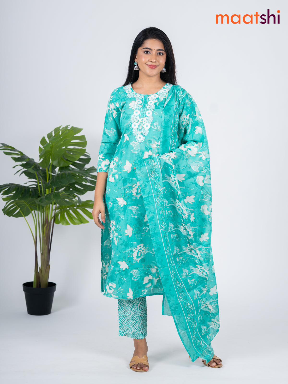 Semi cotton salwar suit teal green shade and off white with allover floral prints & embroidery work neck pattern and straight cut pant & dupatta
