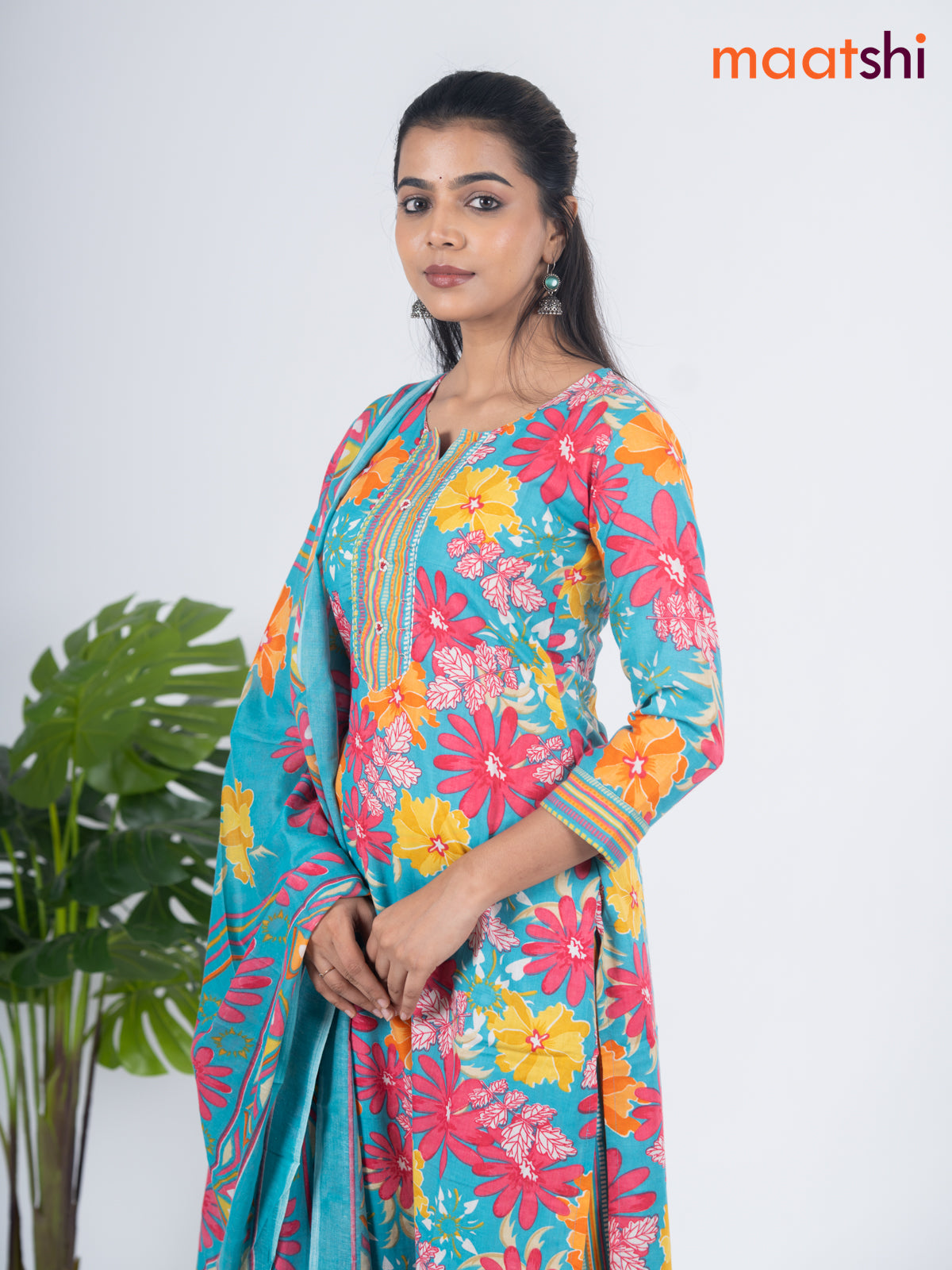 Semi cotton salwar suit teal blue and multi colour with allover floral prints & embroidery work neck pattern and straight cut pant & dupatta