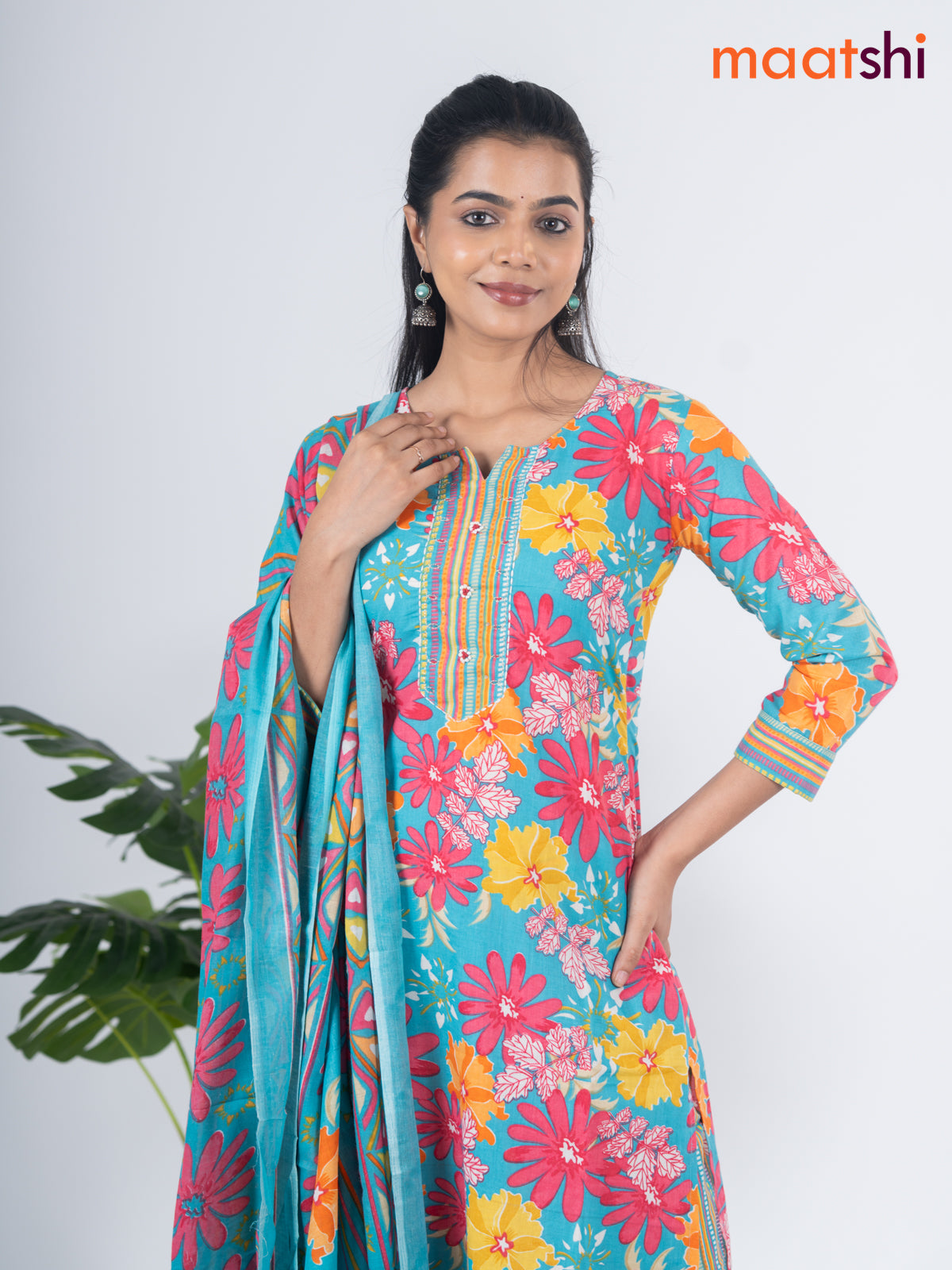 Semi cotton salwar suit teal blue and multi colour with allover floral prints & embroidery work neck pattern and straight cut pant & dupatta