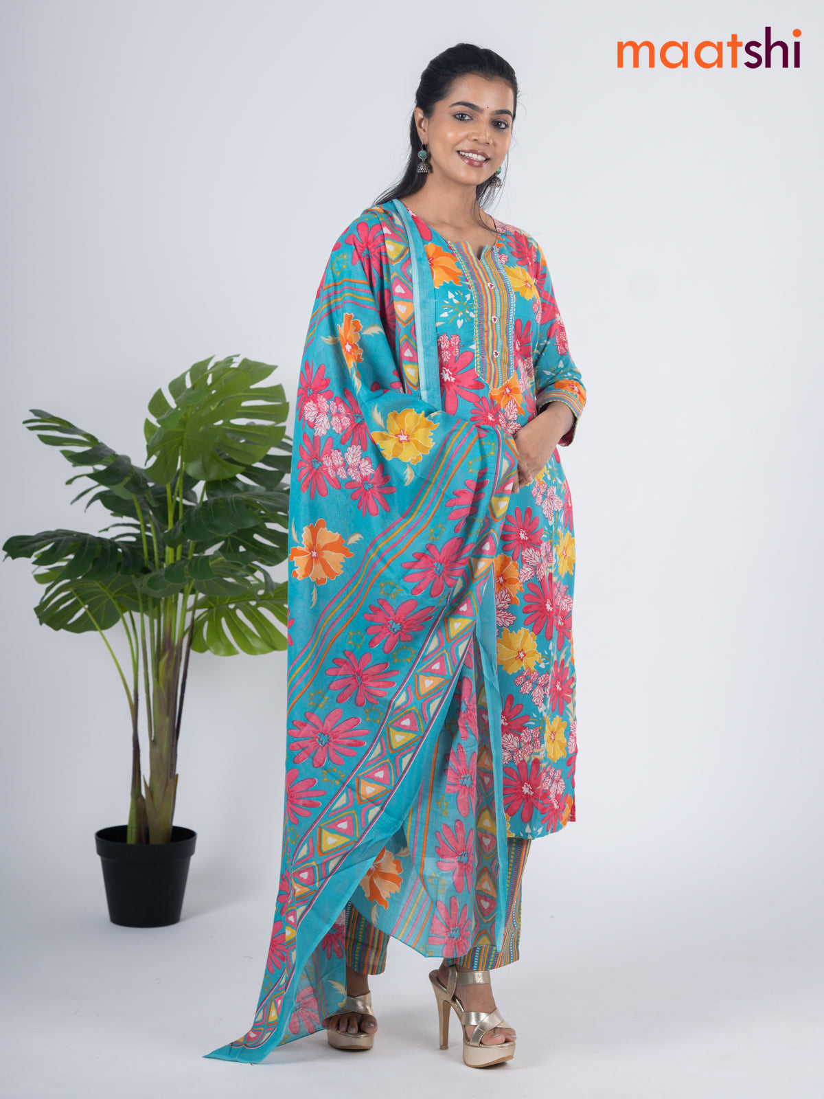 Semi cotton salwar suit teal blue and multi colour with allover floral prints & embroidery work neck pattern and straight cut pant & dupatta