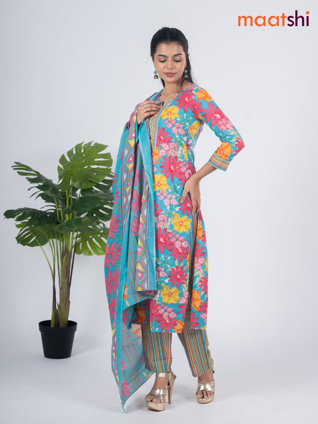 Semi cotton salwar suit teal blue and multi colour with allover floral prints & embroidery work neck pattern and straight cut pant & dupatta