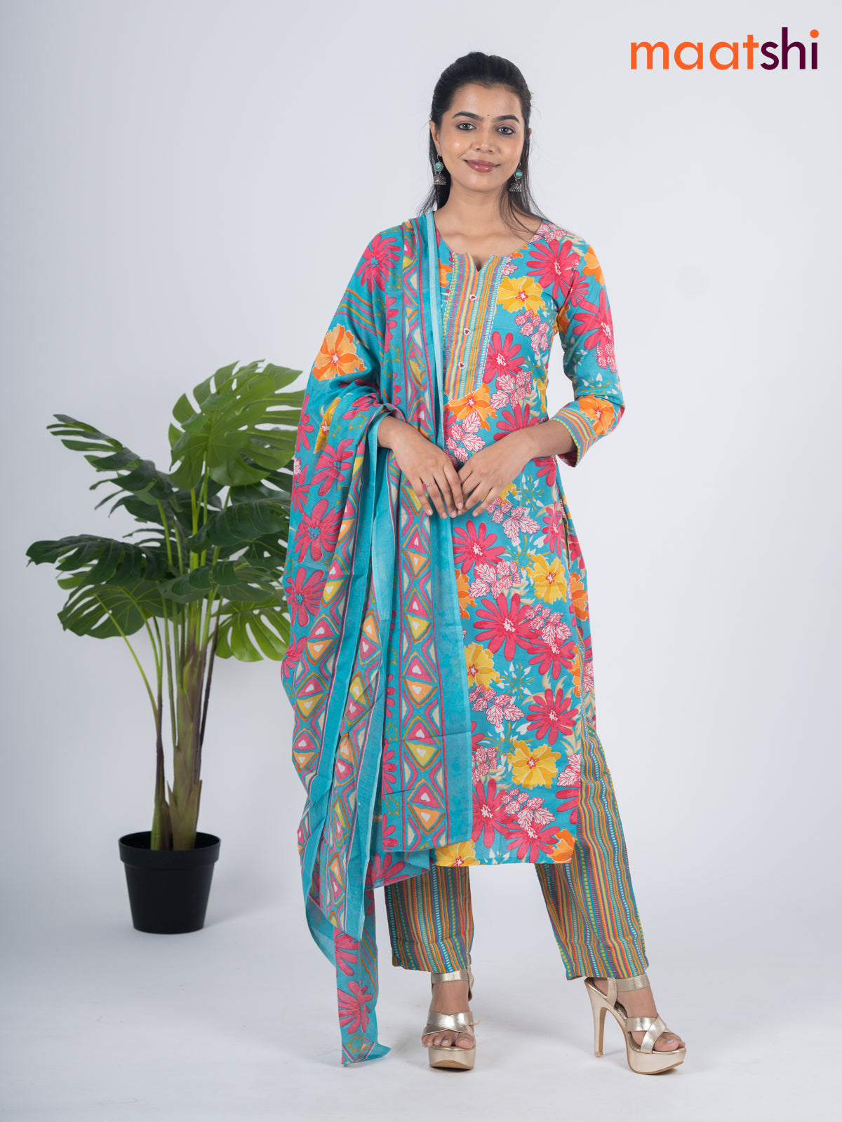 Semi cotton salwar suit teal blue and multi colour with allover floral prints & embroidery work neck pattern and straight cut pant & dupatta