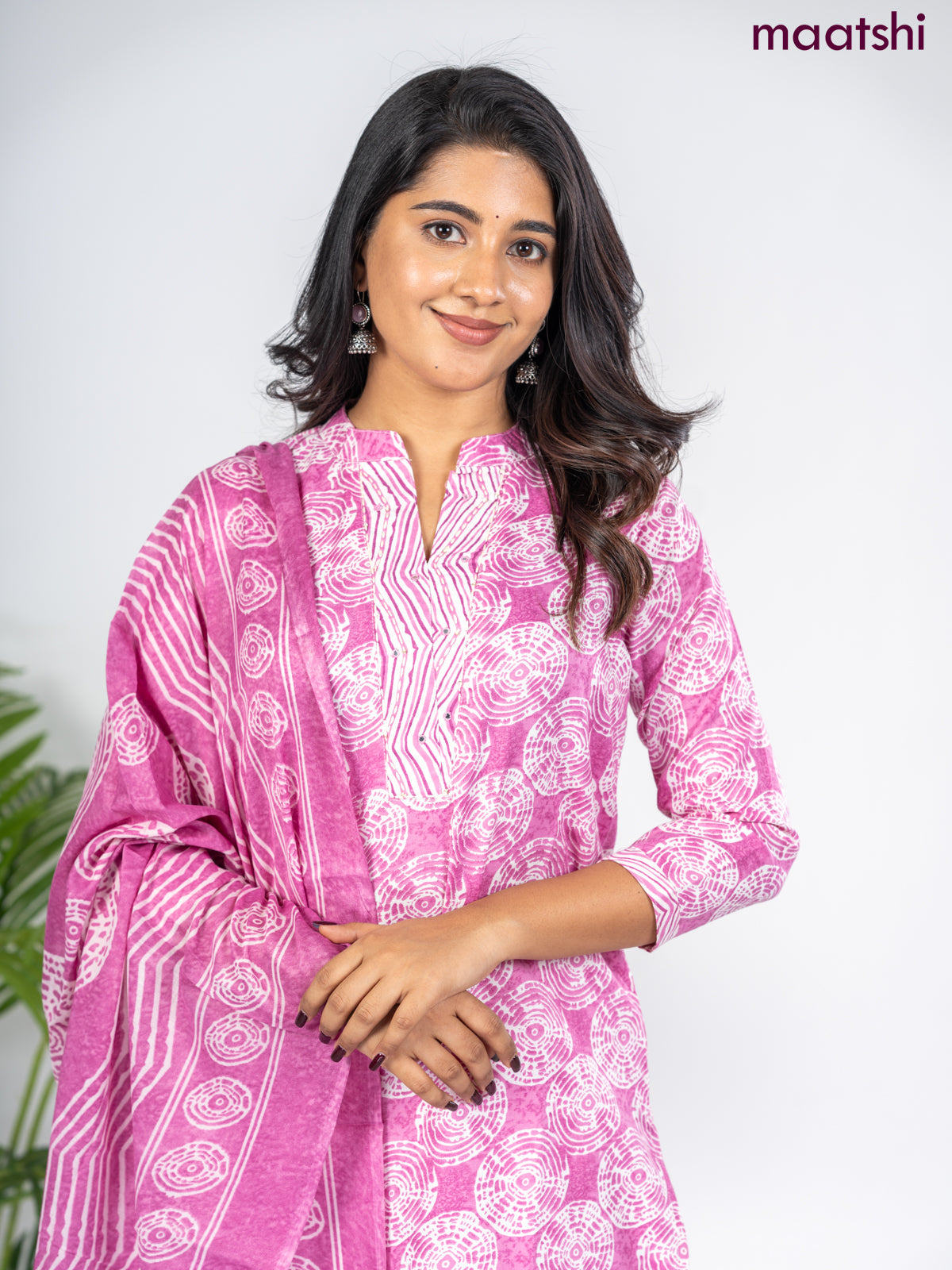 Semi cotton salwar suit mauve pink and off white with allover prints & embroidery mirror work neck pattern and straight cut pant & dupatta