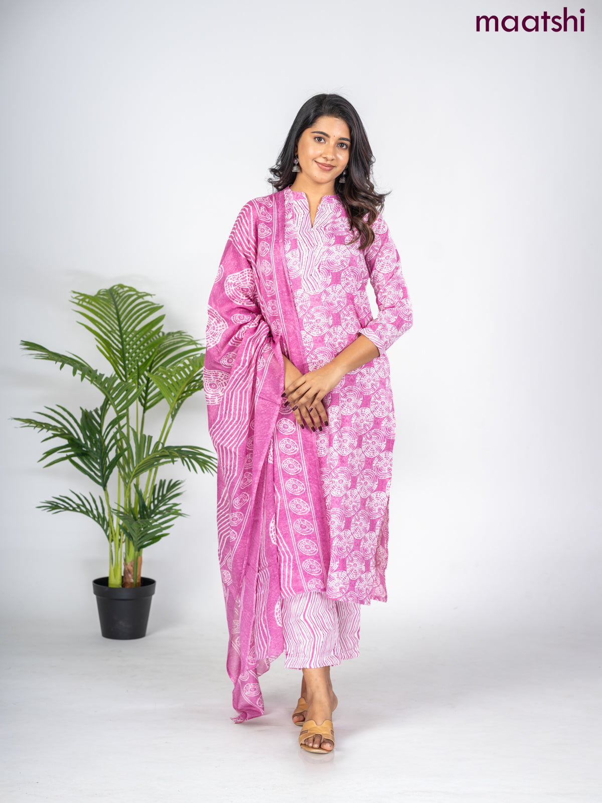 Semi cotton salwar suit mauve pink and off white with allover prints & embroidery mirror work neck pattern and straight cut pant & dupatta