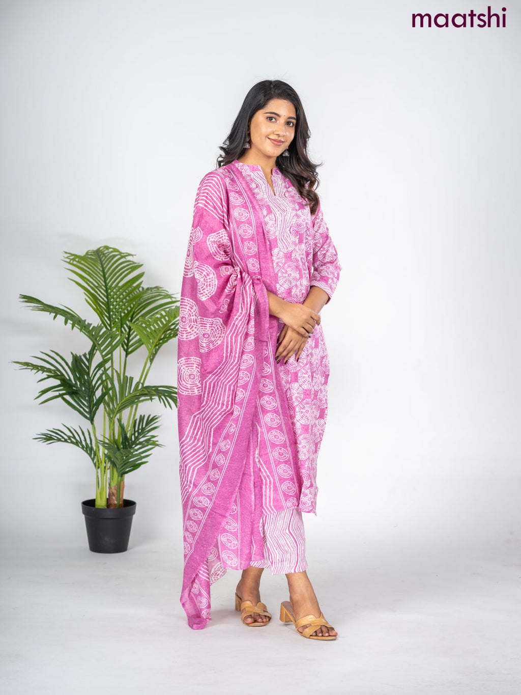 Semi cotton salwar suit mauve pink and off white with allover prints & embroidery mirror work neck pattern and straight cut pant & dupatta