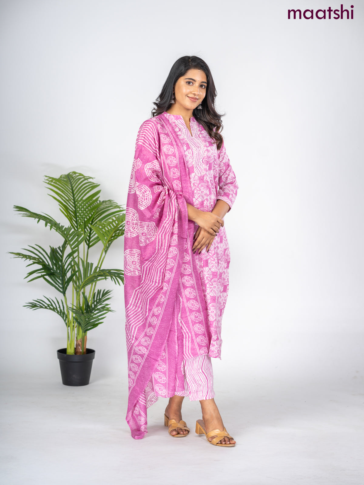 Semi cotton salwar suit mauve pink and off white with allover prints & embroidery mirror work neck pattern and straight cut pant & dupatta