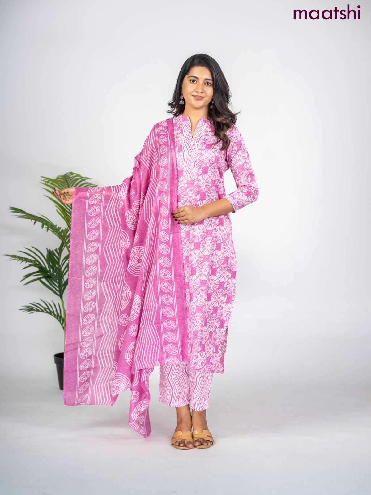 Semi cotton salwar suit mauve pink and off white with allover prints & embroidery mirror work neck pattern and straight cut pant & dupatta