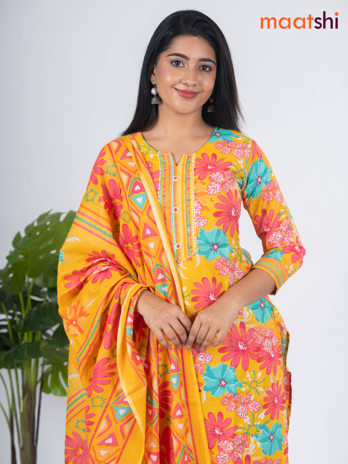 Semi cotton salwar suit mustard yellow and multi colour with allover floral prints & embroidery work neck pattern and straight cut pant & dupatta