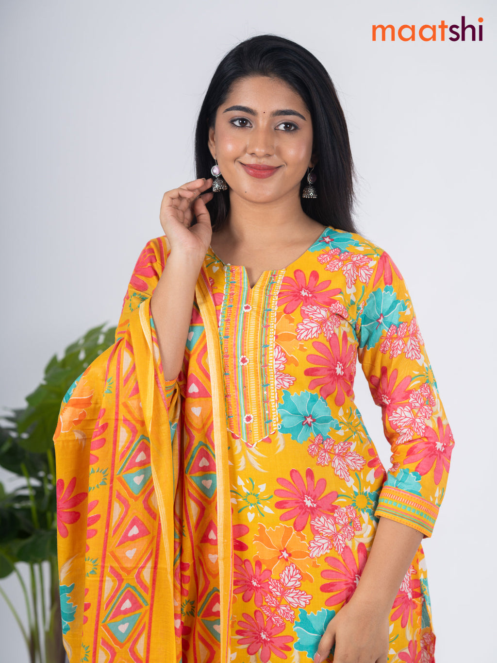 Semi cotton salwar suit mustard yellow and multi colour with allover floral prints & embroidery work neck pattern and straight cut pant & dupatta