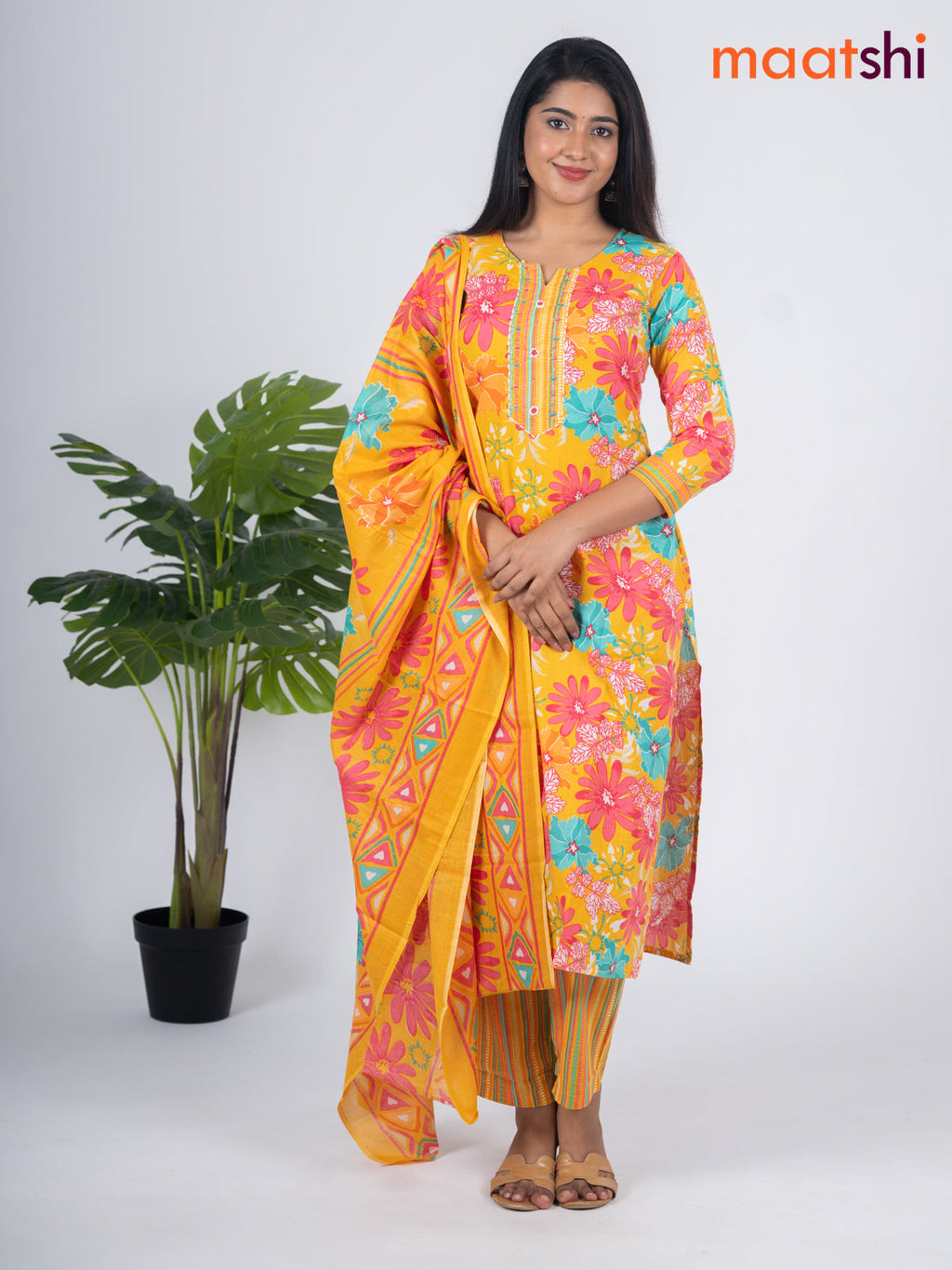 Semi cotton salwar suit mustard yellow and multi colour with allover floral prints & embroidery work neck pattern and straight cut pant & dupatta