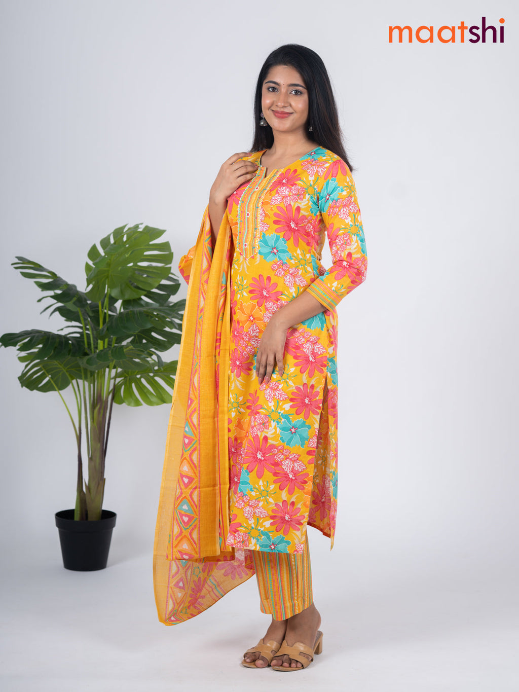 Semi cotton salwar suit mustard yellow and multi colour with allover floral prints & embroidery work neck pattern and straight cut pant & dupatta