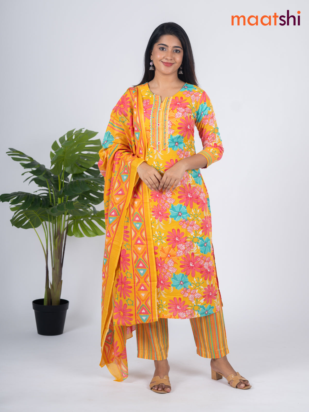 Semi cotton salwar suit mustard yellow and multi colour with allover floral prints & embroidery work neck pattern and straight cut pant & dupatta