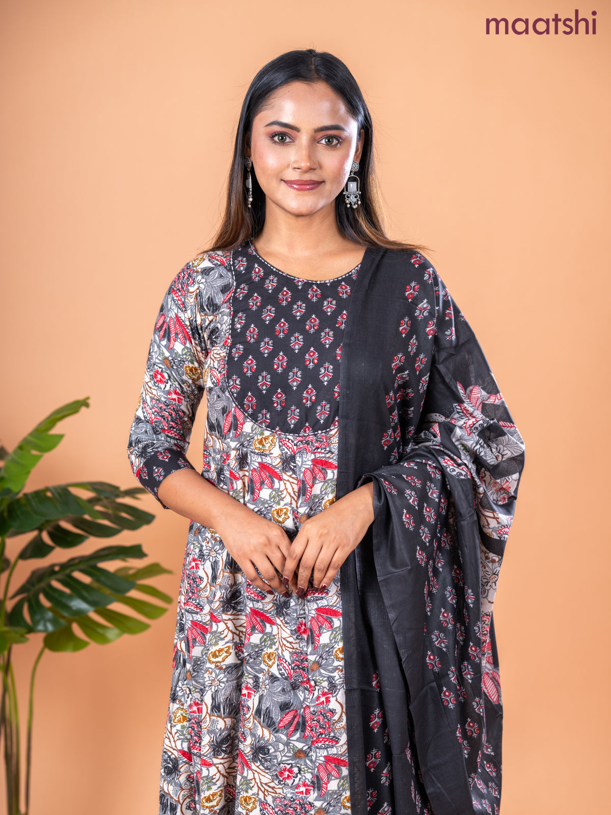 Anarkali salwar suit off white and grey black with allover floral prints & sequin work neck pattern and straight cut pant & dupatta
