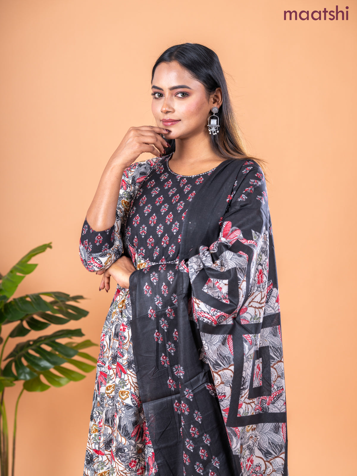 Anarkali salwar suit off white and grey black with allover floral prints & sequin work neck pattern and straight cut pant & dupatta