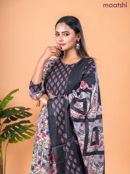 Anarkali salwar suit off white and grey black with allover floral prints & sequin work neck pattern and straight cut pant & dupatta