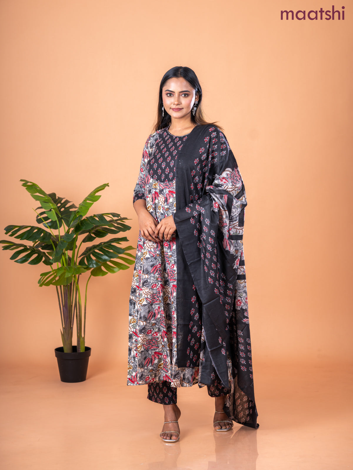 Anarkali salwar suit off white and grey black with allover floral prints & sequin work neck pattern and straight cut pant & dupatta