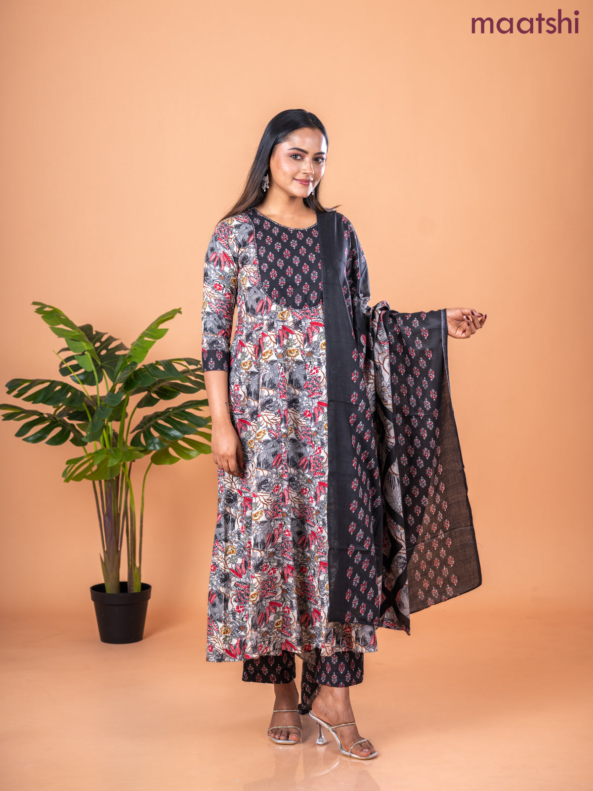 Anarkali salwar suit off white and grey black with allover floral prints & sequin work neck pattern and straight cut pant & dupatta
