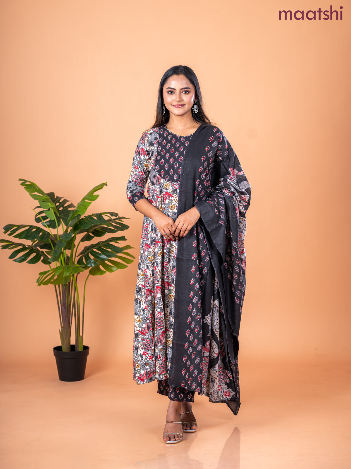 Anarkali salwar suit off white and grey black with allover floral prints & sequin work neck pattern and straight cut pant & dupatta