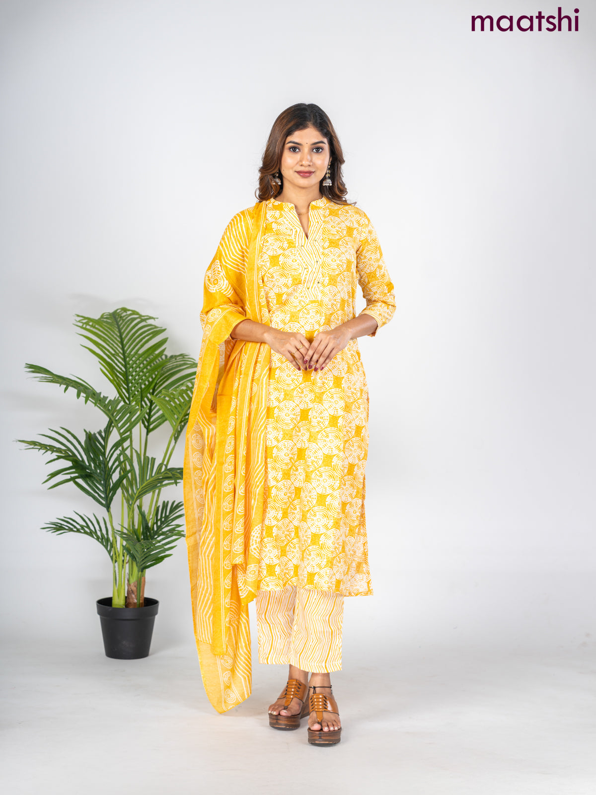 Semi cotton salwar suit mustard yellow and off white with allover prints & embroidery mirror work neck pattern and straight cut pant & dupatta